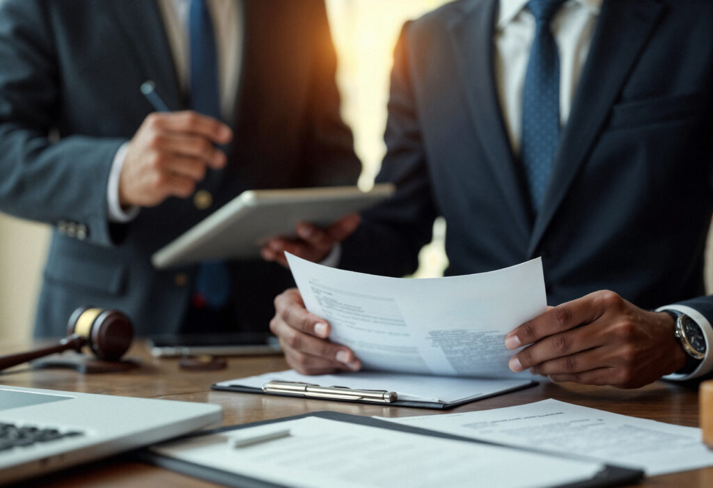 Dois homens de terno analisam documentos em um escritório corporativo, simbolizando avaliação jurídica de empresas em recuperação judicial.