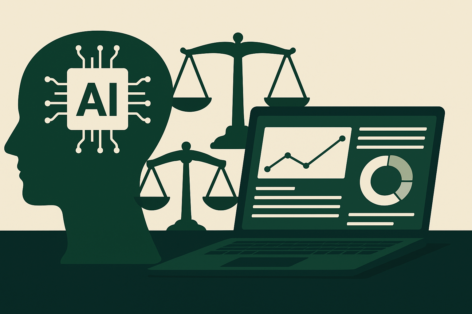 Ilustração horizontal com temática jurídica, mostrando um perfil humano com chip de IA, balanças da justiça e um notebook exibindo um dashboard com gráficos e indicadores jurídicos.