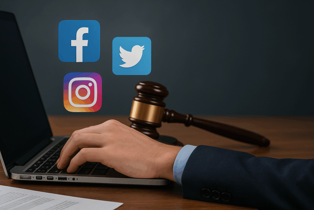 Mão de homem digitando em notebook com ícones do Facebook, Twitter e Instagram ao fundo, ao lado de martelo de juiz sobre mesa de madeira, representação da litigiosidade digital e ações contra redes sociais.