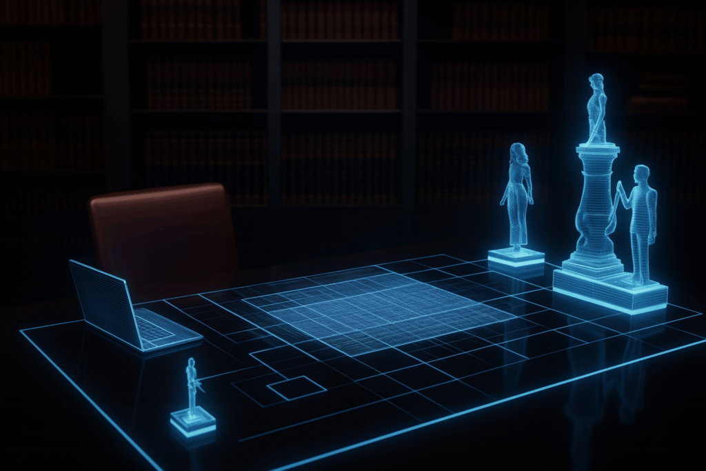 Elementos representando Legal Ops no Jurídico, destacando tecnologia jurídica, automação de processos e dados judiciais como tomada de decisão estratégica.