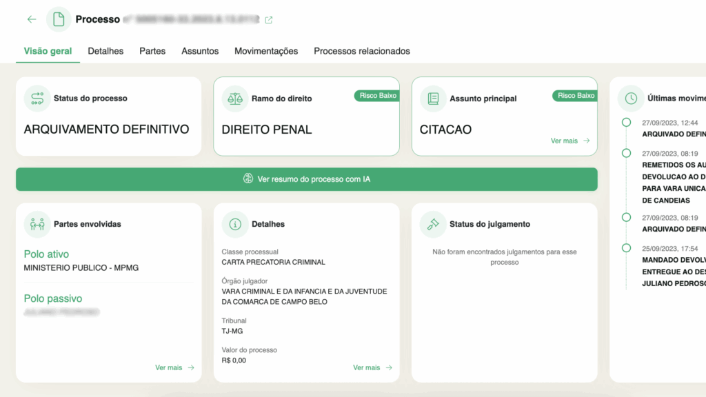 Visualização da tela de consulta de processo pelo CPF na plataforma Predictus, com resultado completo do processo judicial, incluindo status, tribunal, número CNJ, assunto, partes envolvidas e mais.