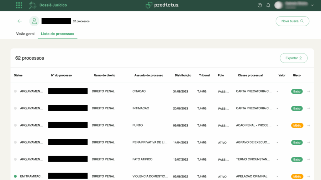 visualização de busca de histórico judicial na predictus