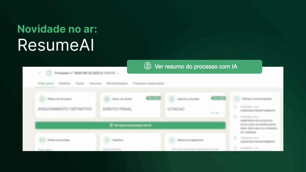 Tela da plataforma Predictus exibindo a funcionalidade ResumeAI com resumo automático de processos judiciais gerado por inteligência artificial