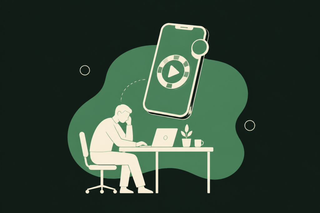 Ilustração vetorial de um smartphone com notificação de aposta próximo a uma silhueta de pessoa trabalhando, representando o risco psicossocial de apostas online no ambiente corporativo.