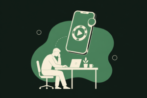 Ilustração vetorial de um smartphone com notificação de aposta próximo a uma silhueta de pessoa trabalhando, representando o risco psicossocial de apostas online no ambiente corporativo.