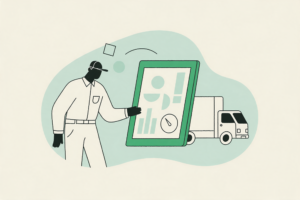Ilustração de motorista de carga com dados judiciais organizados para análise em uma operação de transporte